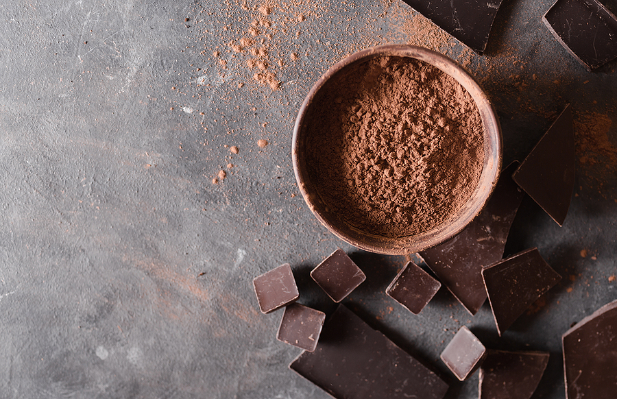 A close-up image of dark chocolate pieces and cocoa powder in a bowl