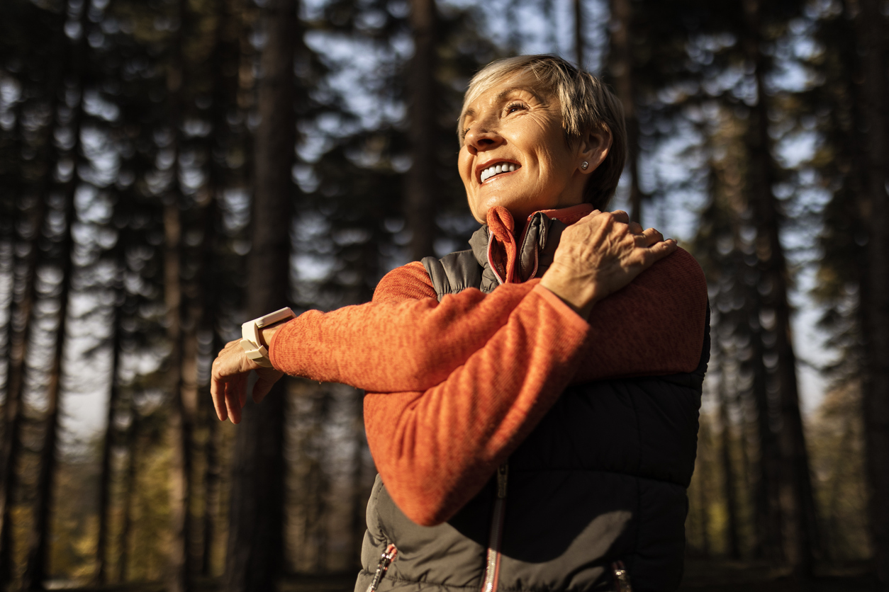 A senior woman engaging in fall fitness